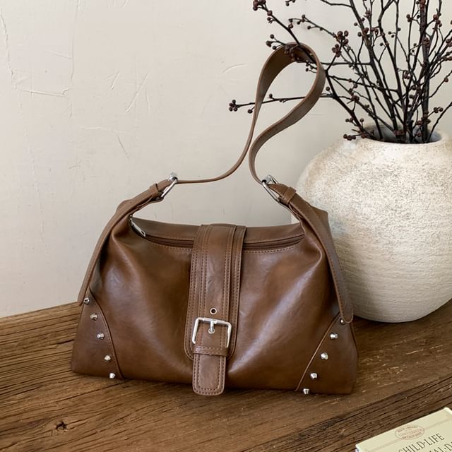 Studded Buckled Faux Leather Shoulder Bag