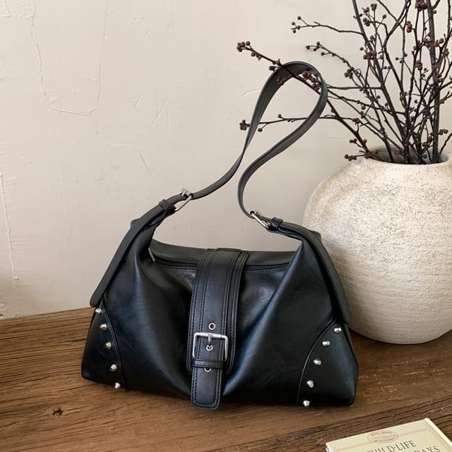 Studded Buckled Faux Leather Shoulder Bag