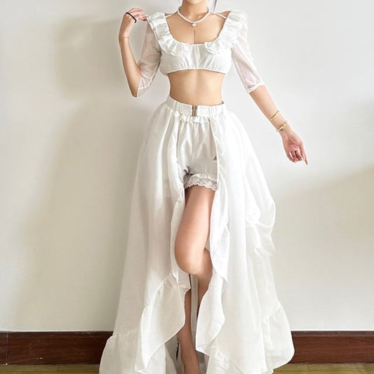 Square-Neck Crop Top with Elbow Sleeves and High-Waist Plain Maxi A-Line Skirt and Undershorts