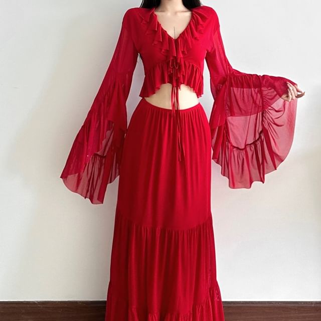 V-Neck Ruffle-Trim Crop Top and High-Waist Plain Maxi A-Line Skirt with Long Sleeves