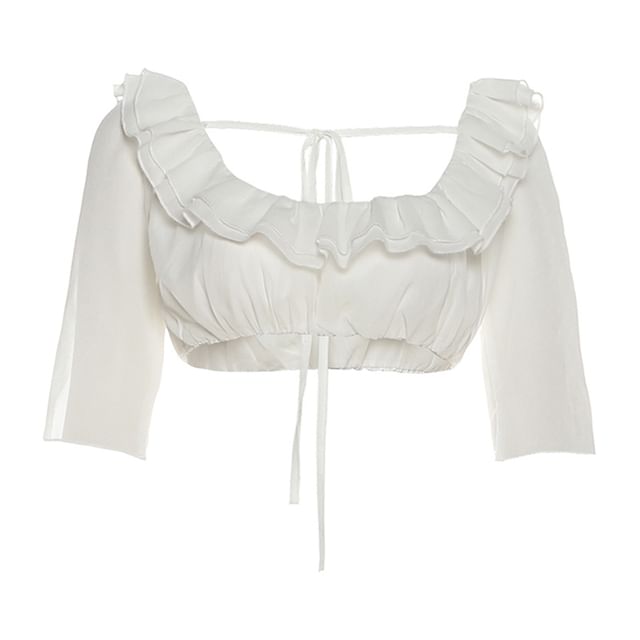 Square-Neck Crop Top with Elbow Sleeves and High-Waist Plain Maxi A-Line Skirt and Undershorts