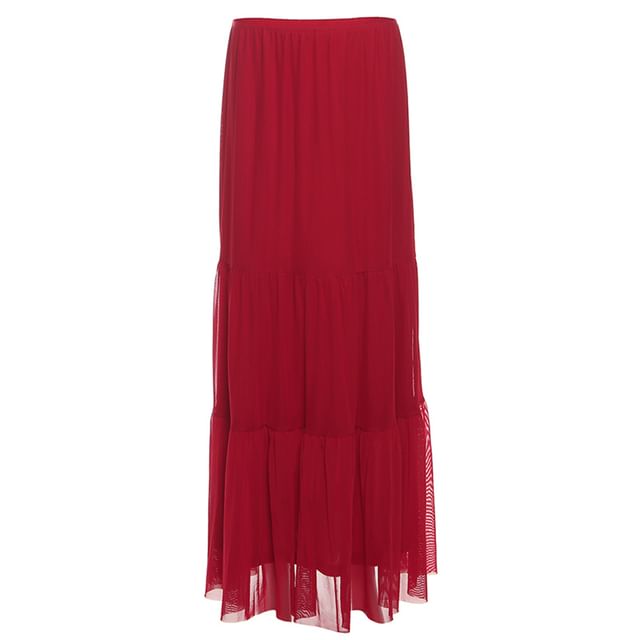 V-Neck Ruffle-Trim Crop Top and High-Waist Plain Maxi A-Line Skirt with Long Sleeves
