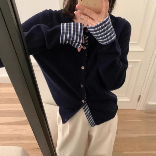 Crew Neck Plaid Trim Button Cardigan