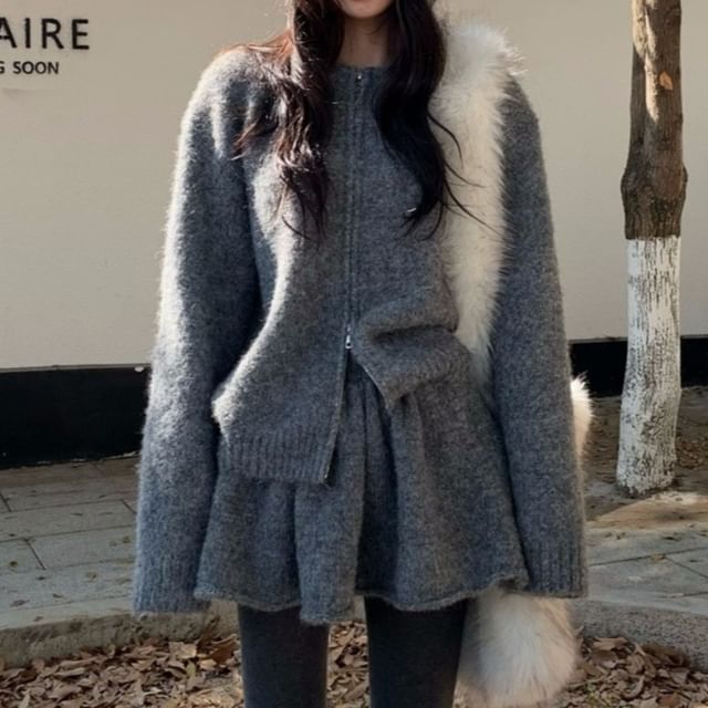 Set: Round Neck Plain Zip Cardigan + High Waist Mini A-Line Skirt