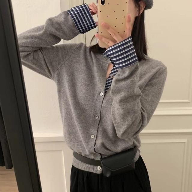 Crew Neck Plaid Trim Button Cardigan