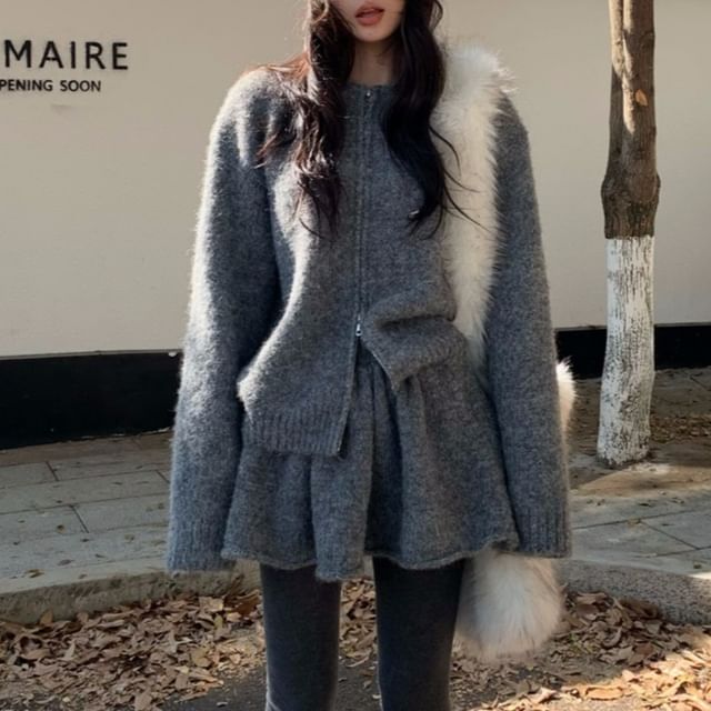 Set: Round Neck Plain Zip Cardigan + High Waist Mini A-Line Skirt