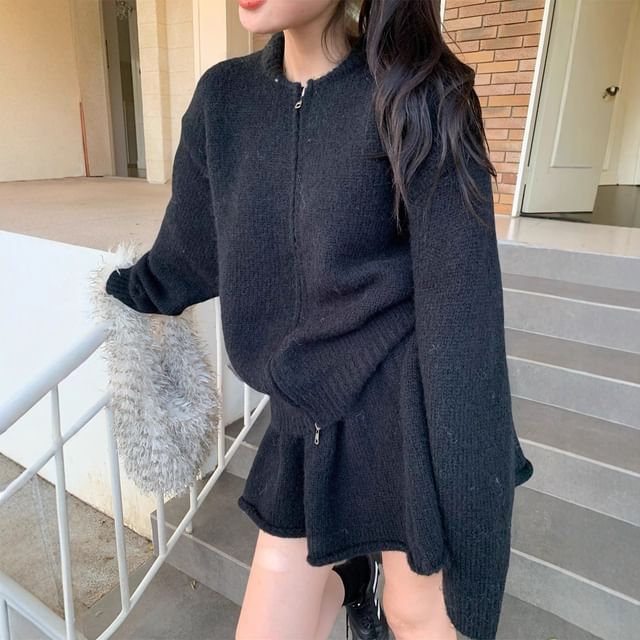 Set: Round Neck Plain Zip Cardigan + High Waist Mini A-Line Skirt