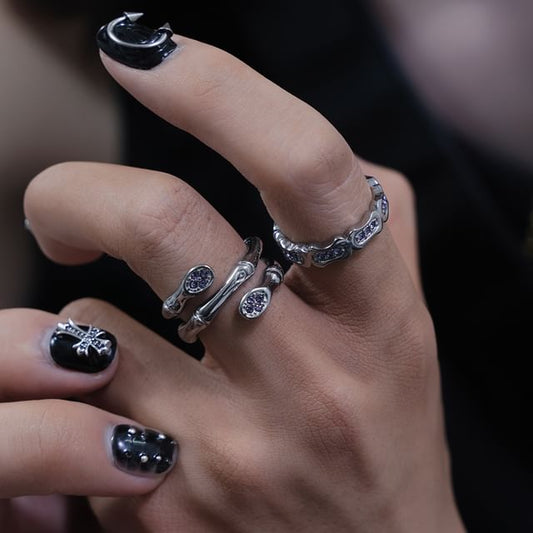 Stainless Steel Rhinestone Silver Tone Ring / Set