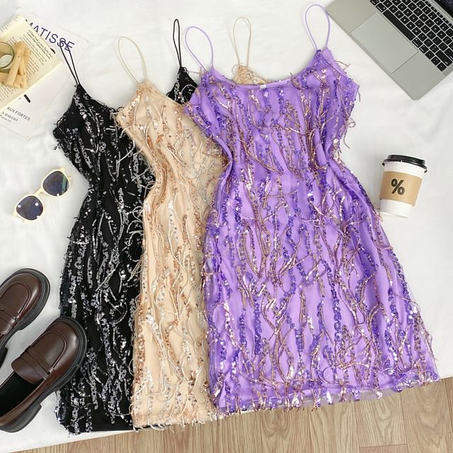 Spaghetti Strap Sequin Fringe Mini Bodycon Dress