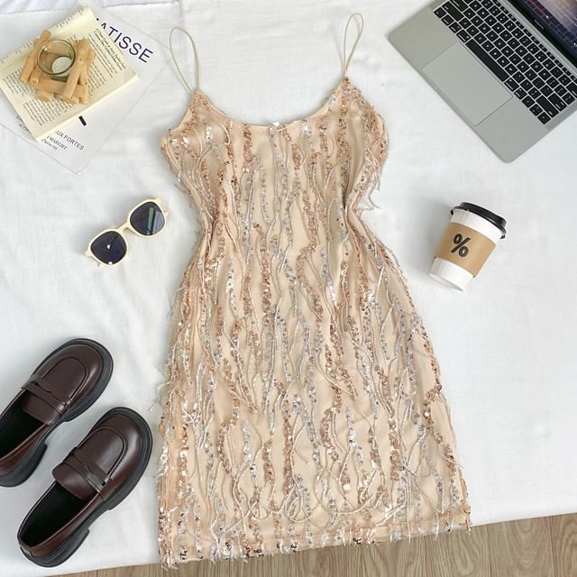 Spaghetti Strap Sequin Fringe Mini Bodycon Dress