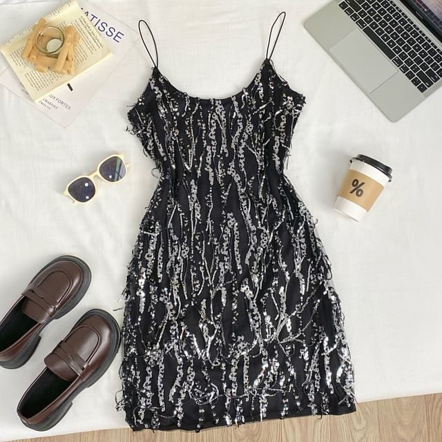 Spaghetti Strap Sequin Fringe Mini Bodycon Dress