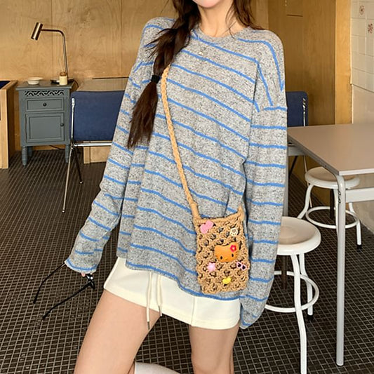Striped T-Shirt with Long Sleeves and Crew Neckline in Solid Design