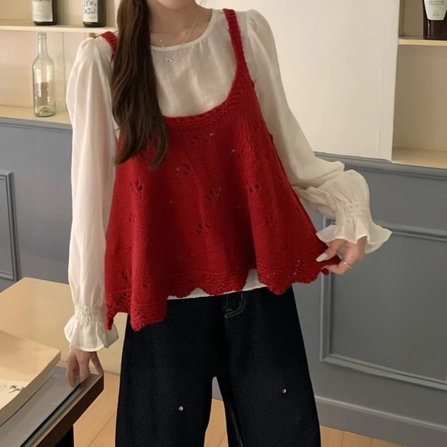 Solid Round-Neck Blouse with Long Sleeves and Scoop-Neck Camisole Set