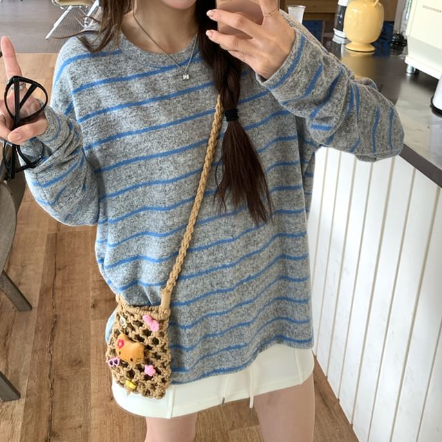 Striped T-Shirt with Long Sleeves and Crew Neckline in Solid Design