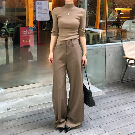 Solid Mock-Neck Knit Top with Elbow Sleeves and High-Waist Wide-Leg Pants