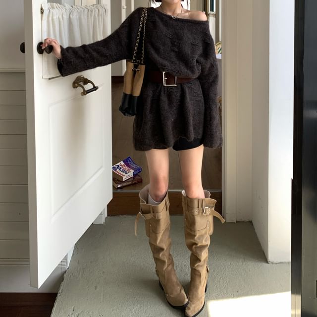 Off-Shoulder Solid Knit Sweater with Matching Belt Accent