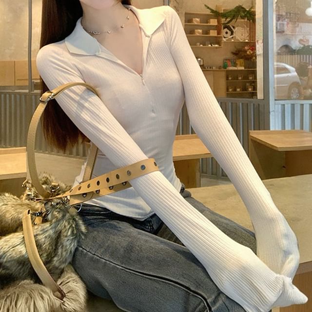 Solid Half-Zip Polo Shirt with Long Sleeves and Collared Neckline