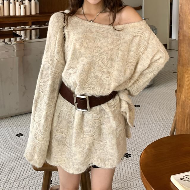 Off-Shoulder Solid Knit Sweater with Matching Belt Accent