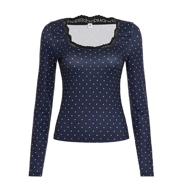 Scoop Neck Lace-Trim Dotted Slim-Fit T-Shirt Long Sleeve