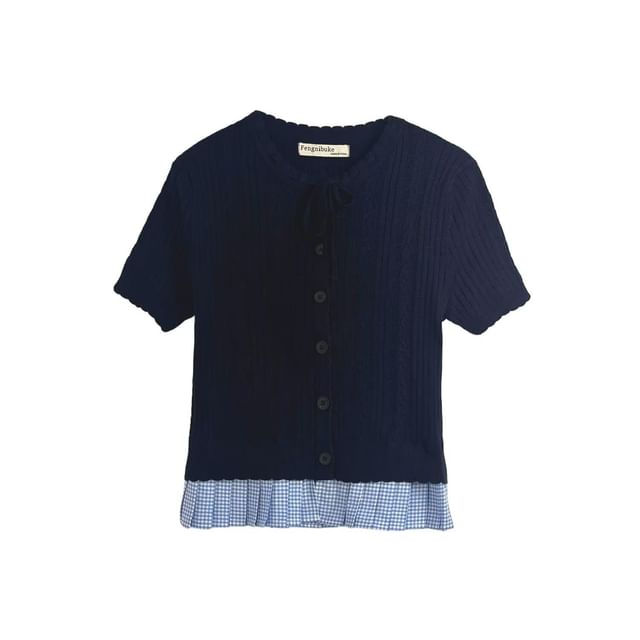 Short-Sleeve Crew Neck Plaid Panel Button-Up Cable Knit Crop Cardigan