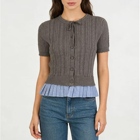 Short-Sleeve Crew Neck Plaid Panel Button-Up Cable Knit Crop Cardigan