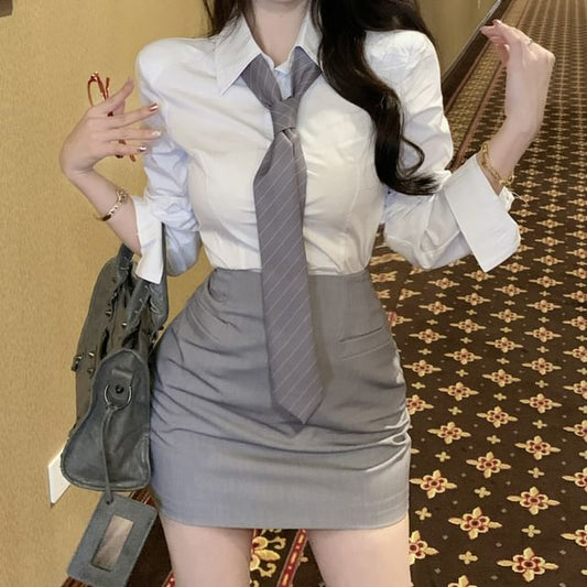Long-Sleeve Collared Neck Tie Shirt & High Waist Mini Pencil Skirt