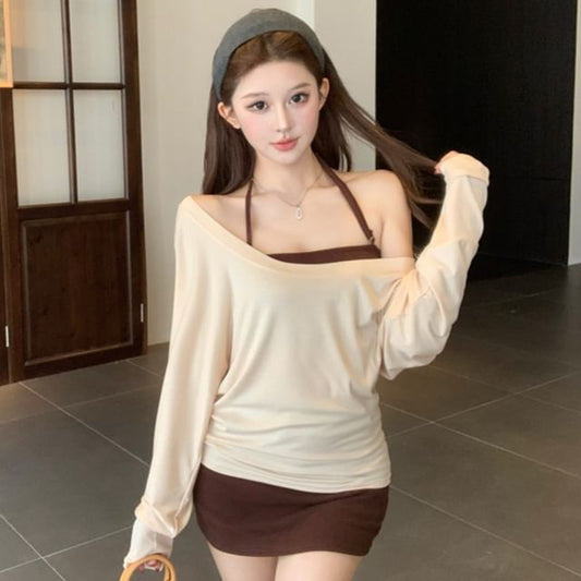 Long-Sleeve V-Neck T-Shirt & Halter Camisole & High Waist Mini Pencil Skirt Set