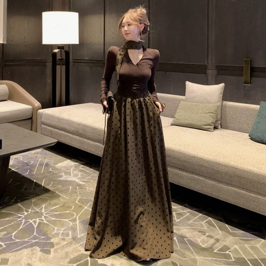 Long-Sleeve V-Neck Top & High Rise Dotted Maxi A-Line Skirt
