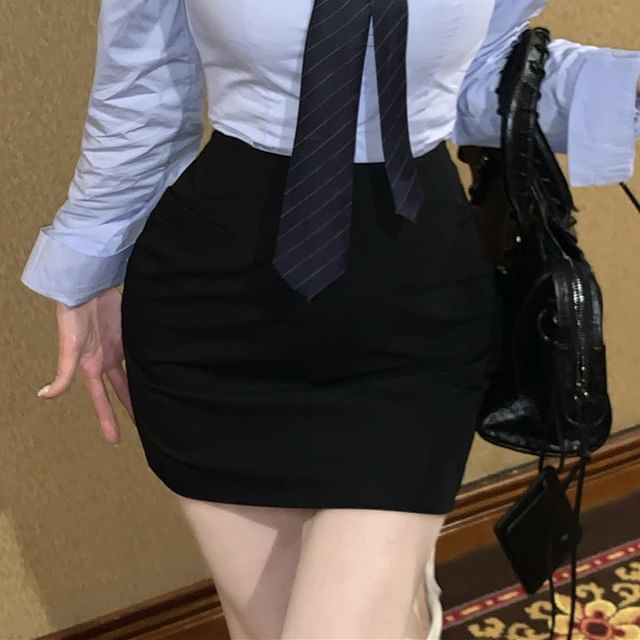 Long-Sleeve Collared Neck Tie Shirt & High Waist Mini Pencil Skirt
