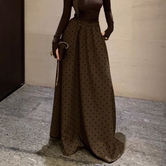 Long-Sleeve V-Neck Top & High Rise Dotted Maxi A-Line Skirt