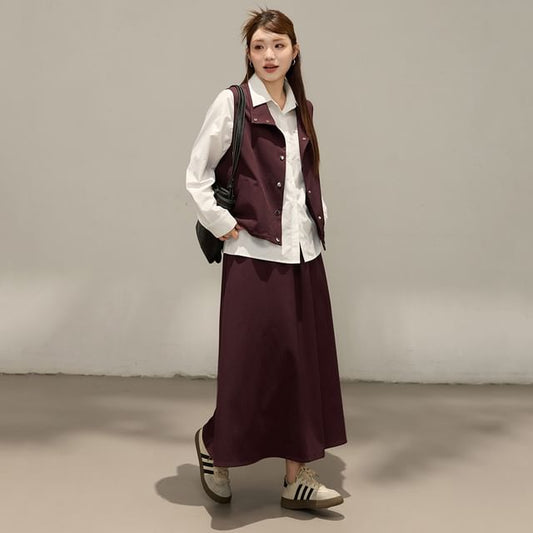 Stand Collar Plain Button Vest & Drawstring Waist Midi A-Line Skirt Set