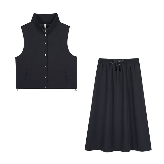 Stand Collar Plain Button Vest & Drawstring Waist Midi A-Line Skirt Set