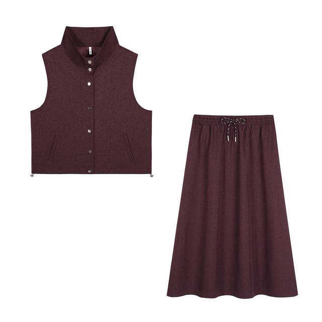 Stand Collar Plain Button Vest & Drawstring Waist Midi A-Line Skirt Set