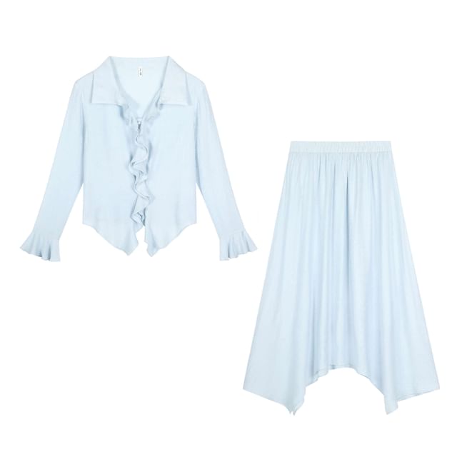 V-Neck Ruffle Blouse & Asymmetrical Midi A-Line Skirt Set