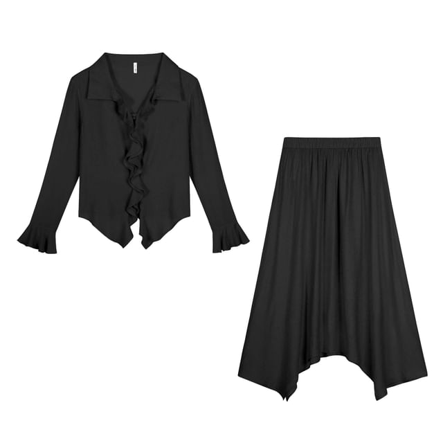V-Neck Ruffle Blouse & Asymmetrical Midi A-Line Skirt Set
