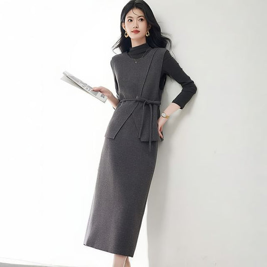 Mock Neck Melange Tee, Sashed Vest & High Waist Pencil Skirt Set