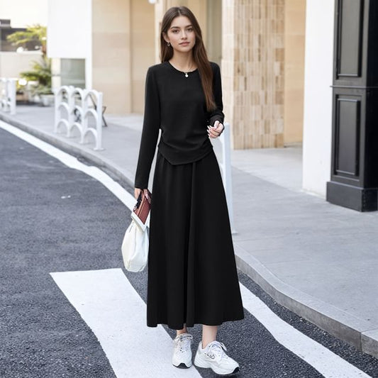 Crew Neck Asymmetrical Knit Top & Elastic Waist Midi A-Line Set