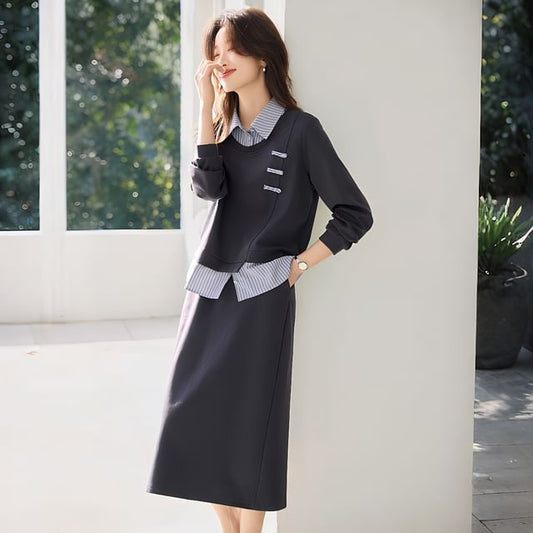 Mock Two-Piece Collar Striped Sweatshirt & High Rise Slit Skirt Set