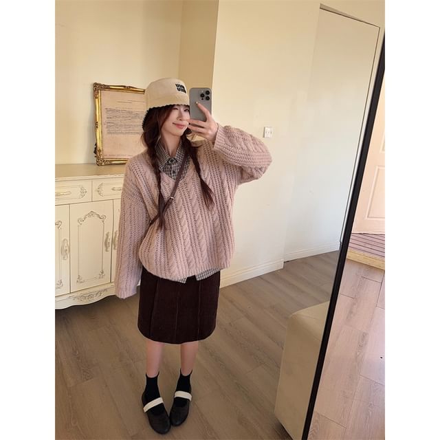 Plaid Shirt, V-Neck Cable Knit Sweater & High Waist Skirt Set