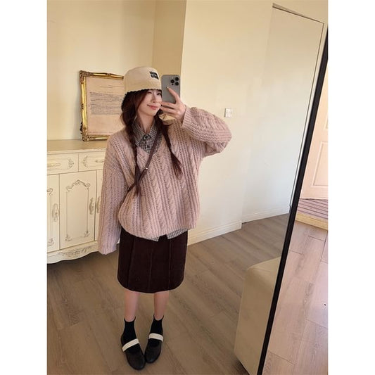 Plaid Shirt, V-Neck Cable Knit Sweater & High Waist Skirt Set