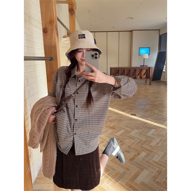 Plaid Shirt, V-Neck Cable Knit Sweater & High Waist Skirt Set