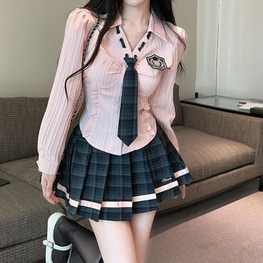 Collared Tie Neck Button Up Shirt & High Waist Plaid Mini Skirt