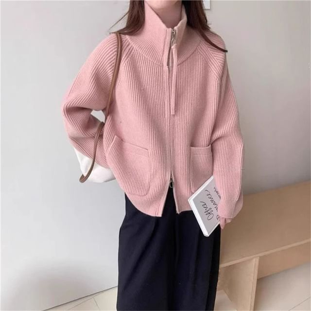 Stand Collar Zip-Up Plain Cardigan