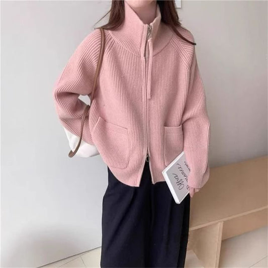 Stand Collar Zip-Up Plain Cardigan