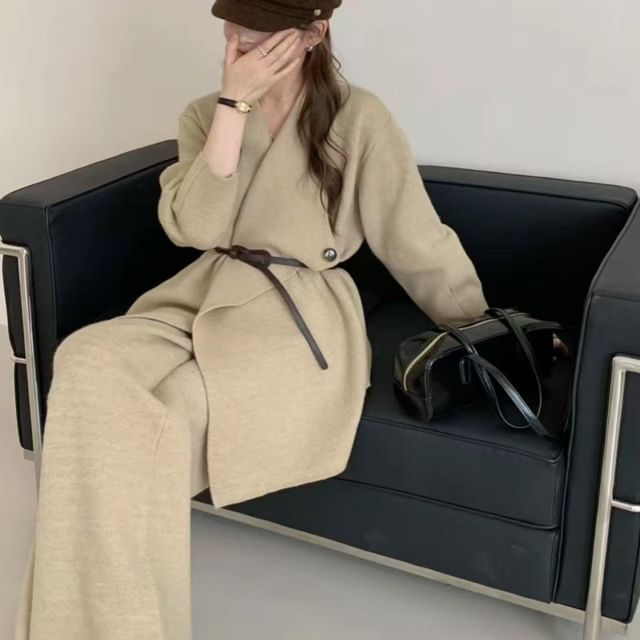 Set: Waterfall Collar Plain Cardigan + High Waist Wide Leg Pants
