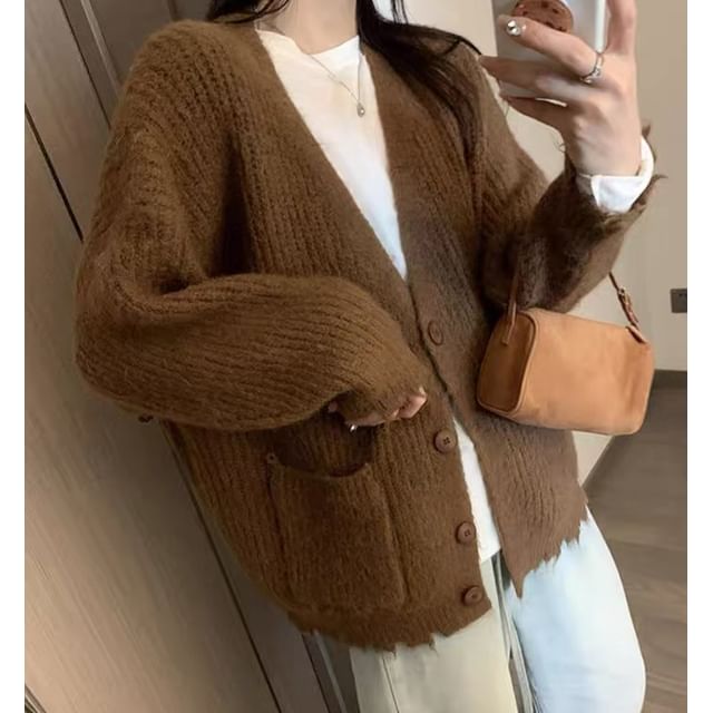 V-Neck Frayed Button-Up Plain Cardigan