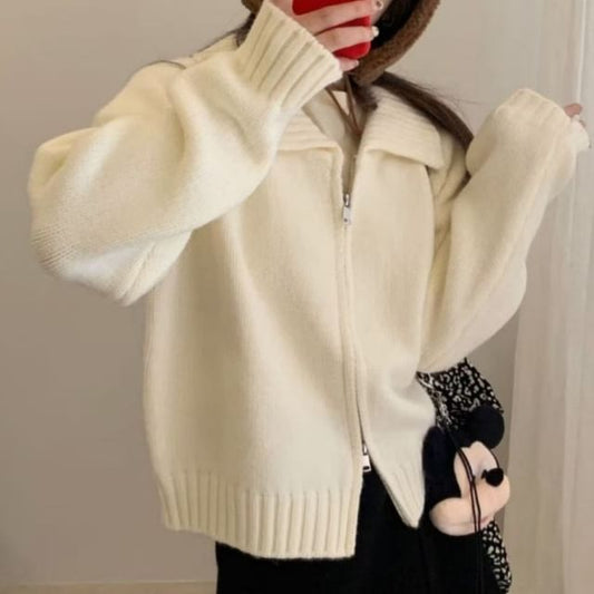 Collared Zip-Up Plain Cardigan