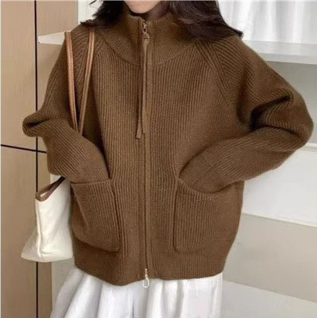 Stand Collar Zip-Up Plain Cardigan