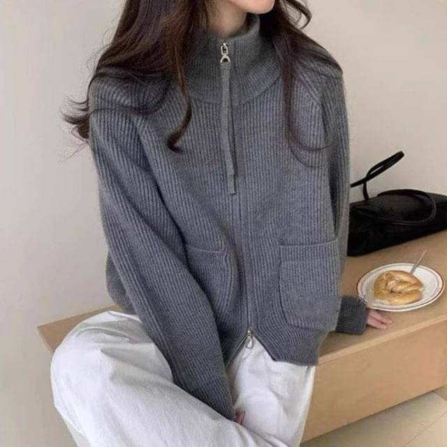 Stand Collar Zip-Up Plain Cardigan