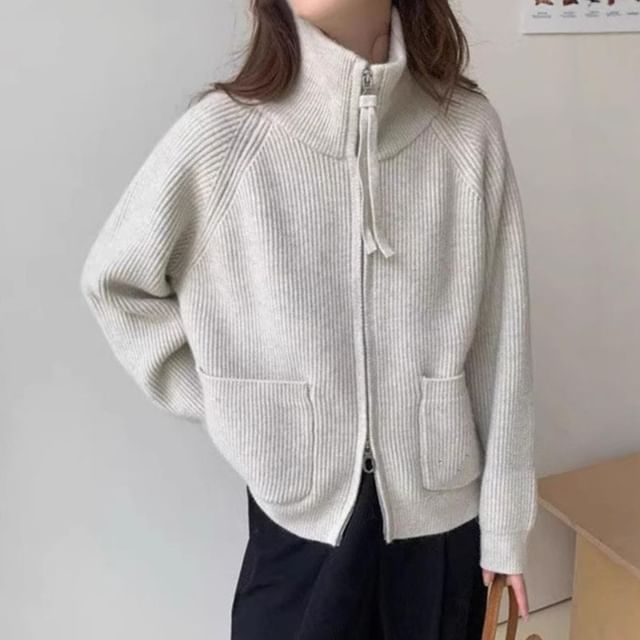 Stand Collar Zip-Up Plain Cardigan